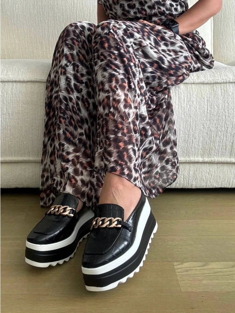 Black Platform Loafers with Gold Chain Accent - Picture 4 of 9
